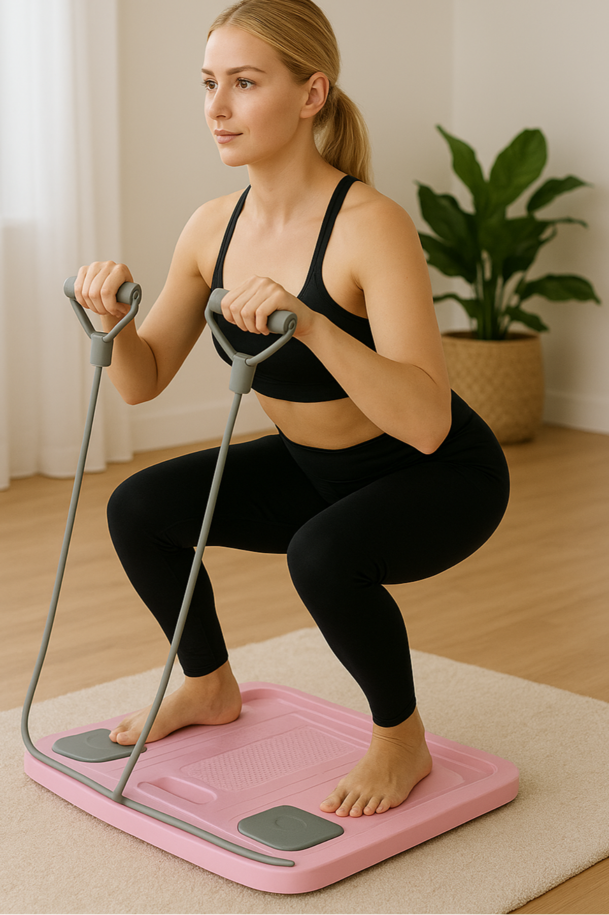 Woman exercising on a pink step platform in a home setting